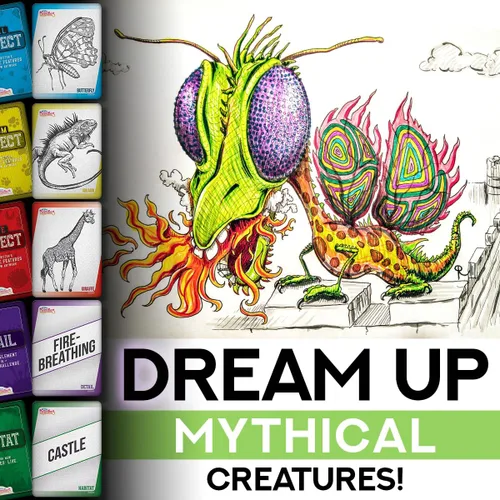 Vista 5 de Juego de cartas de sugerencias de arte de criaturas míticas — 150 tarjetas de dibujo, regalo para ideas de artistas — Juegos de imaginación