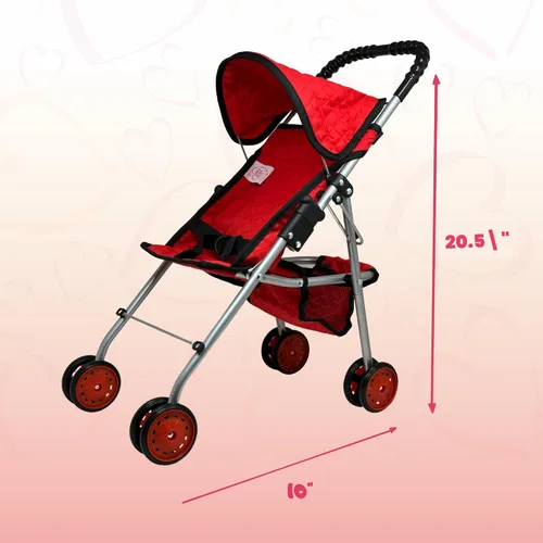 Vista 4 de The New York Doll Collection My First Doll Stroller con Canasta, Cochecito de Muñeca Plegable (Acolchado Rojo)