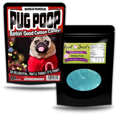 Vista 2 de Pug Poop - Calcetines de algodón de azúcar para adultos, divertidos caramelos navideños, bromas novedosas, bromas de Navidad, algodón azul, sin