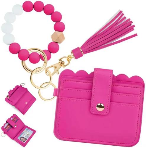 Vista 21 de Cartera de pulsera para mujer con llavero – Tarjetero RFID pequeña cartera con llavero Beige