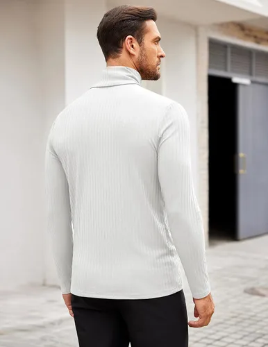 Vista 3 de COOFANDY Camisetas de manga larga con cuello alto para hombre, ajustadas, acanaladas, básicas, suéter de punto ligero