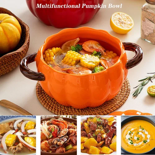 Vista 3 de Olla holandesa con tapa, cacerola de postre de cerámica de calabaza, mini fuente para hornear, lindo cuenco de calabaza, olla holandesa de cerámica