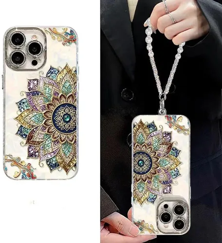 Vista 2 de Roemary Floral Mandala Case for iPhone 13 with Wrist,Pearl Case for Girls Women