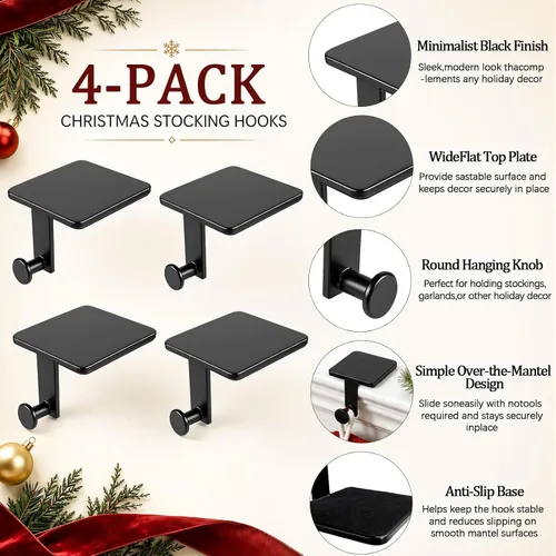 Vista 5 de Paquete de 4 soportes negros para calcetines de Navidad para manto, ganchos