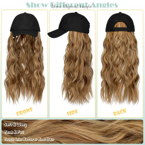 Vista 3 de Peluca de gorra de béisbol para mujer, gorra de béisbol con extensiones de cabello, gorra ajustable adjunta de 24 pulgadas de largo, ondulada