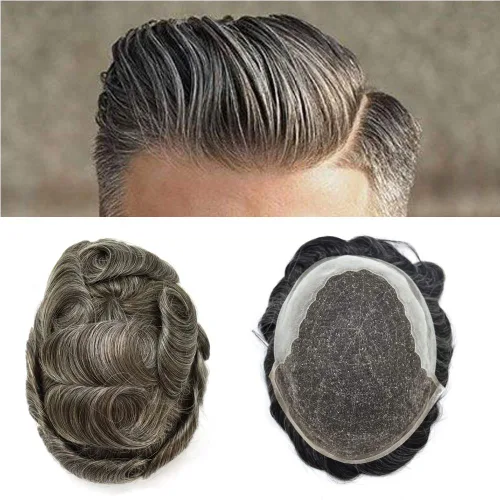 Vista 25 de FACE MIRACLE - Extensiones de cabello humano con encaje frontal francés y nudos blanqueados para hombre, sistema de reemplazo de cabello