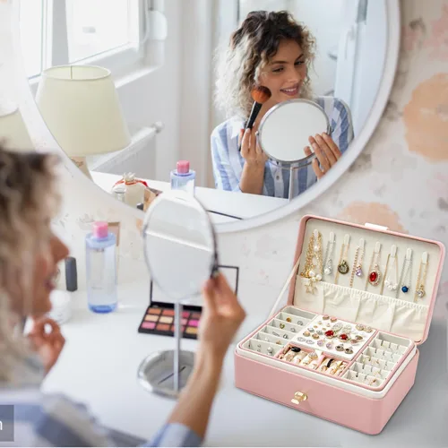 Vista 2 de Uhelper Organizador de aretes para mujer, joyero grande de 2 capas con espejo, tarjeta de regalo hecha a mano y papel de regalo, soporte de joyería