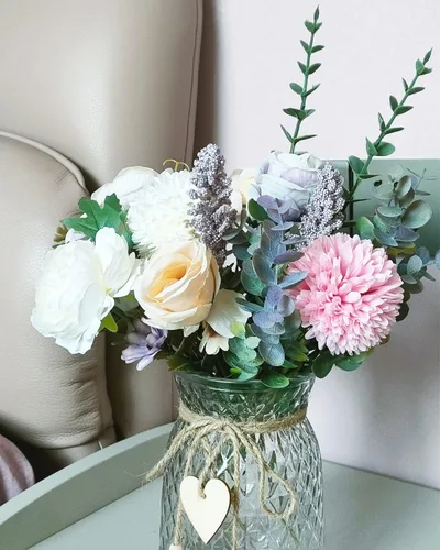 Vista 2 de Flores artificiales con jarrón, flores de peonía de seda sintética para decoración del hogar, flores artificiales con jarrón para decoración de mesa