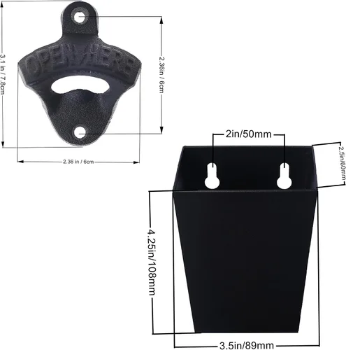 Vista 5 de Abridor de botellas de cerveza de hierro fundido negro montado en la pared con colector de tapas (paquete de 2) Powder Coated, Soda Opener with