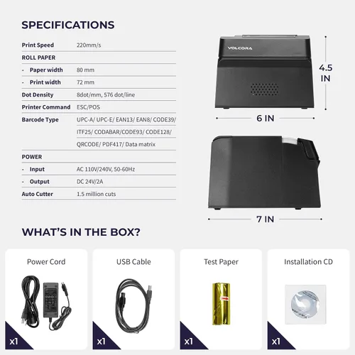 Vista 6 de Volcora Impresora térmica de recibos, impresora POS de 3.150 in con cortador automático, interfaz USB/Bluetooth para Windows/MAC/Linux, cajón