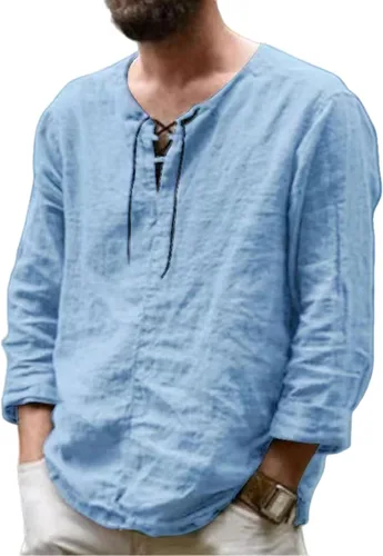 Vista 9 de Camisas de algodón y lino para hombre, manga larga, cuello en V, cordón ajustable, casual, a la moda, ajuste regular, blusas clásicas para exteriores