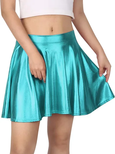Vista 13 de HDE Falda acampanada plisada para mujer, estilo casual, metálica, acampanada, para patinadora Negro