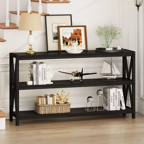 Vista 6 de Mesa consola para entrada, mesa de sofá larga con estantes debajo de la ventana, mesas de pasillo de madera y metal para vestíbulo