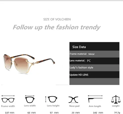 Vista 7 de VOLCHIEN Gafas de sol sin montura para mujer, montura brillante, lentes redondas, montura de metal, gafas de sol para mujeres y hombres VC1012