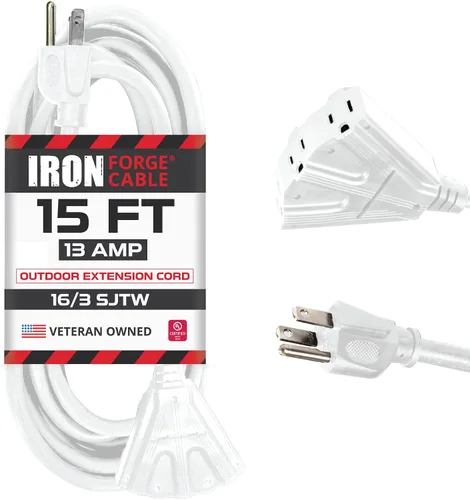 Vista 13 de Iron Forge Cable Cable de extensión blanco de 10 pies para exteriores con 3 tomas, cable de extensión SJTW de 16/3 de 10 pies, 3 clavijas, cable