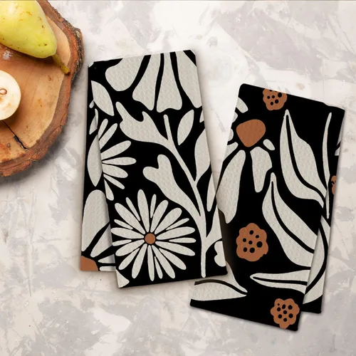 Vista 3 de Toallas de cocina abstractas bohemias, color beige y negro, Groovy 70, estilo botánico, retro, paño de secado para cocina, toallas de mano modernas