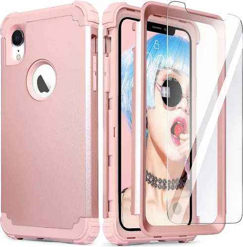 Vista 30 de IDweel Funda para iPhone XR, funda para iPhone XR con protector de pantalla de vidrio templado, 3 en 1, a prueba de golpes, delgada, híbrida, Negro