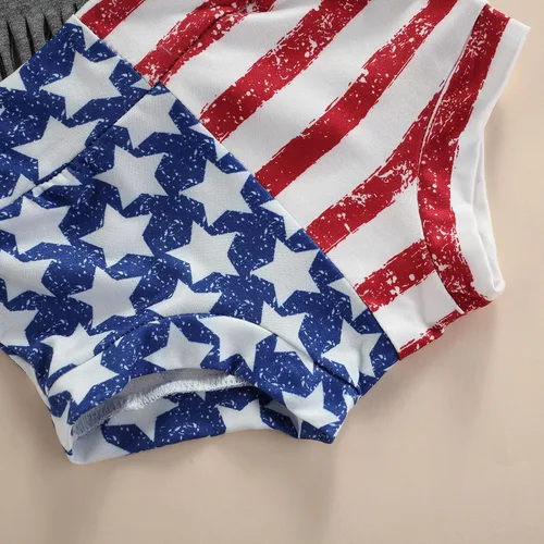 Vista 5 de Traje para bebÃ© niÃ±a del 4 de julio, ropa para el DÃ­a de los CaÃ­dos con borlas, camiseta con bandera