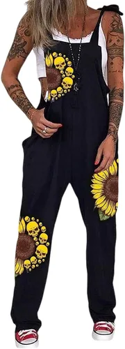 Vista 2 de PAODIKUAI Overol casual con estampado de calavera para mujer, overol suelto con bolsillos