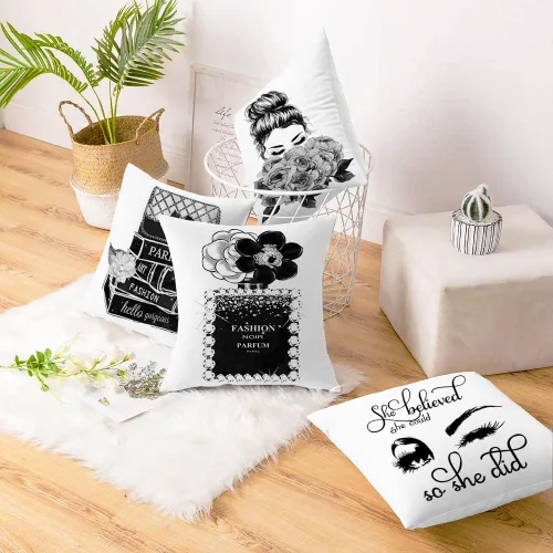 Vista 7 de Juego de 4 fundas de almohada decorativas para sofá cama de 18 x 18 pulgadas, fundas de almohada blancas y negras, fundas de almohada a la moda
