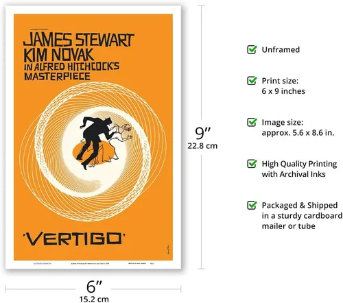 Vista 2 de Alfred Hitchcock’s Vertigo - Starring James Stewart and Kim Novak - Vintage Film Movie Poster by Saul Bass c.1958 - Master Art Print (Unframed) 6in
