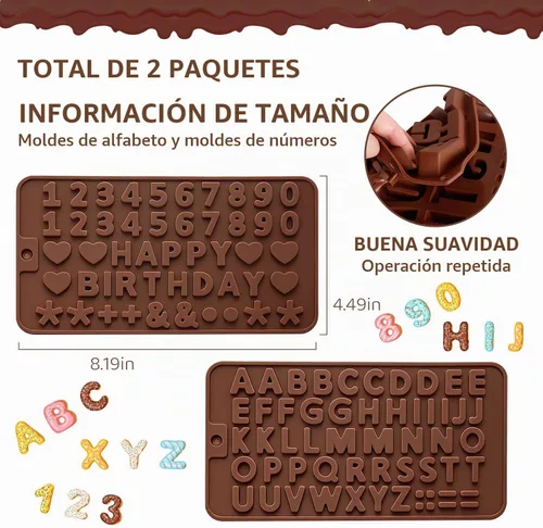 Vista 7 de 2 moldes de silicona para chocolate, moldes de letras de números, moldes reutilizables para dulces con símbolos de decoración de feliz cumpleaños