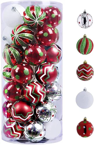 Vista 7 de Valery Madelyn - Adornos navideños para árbol de Navidad, 35 adornos pequeños inastillables de bola de Navidad en rojo, verde y blanco, 2 pulgadas
