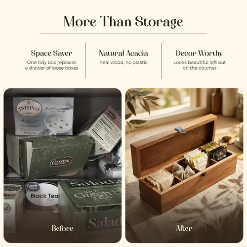Vista 2 de Organizador de té de madera de acacia hecho a mano, caja de té de 4 compartimentos con grabado (floral clásico, 4 compartimentos)