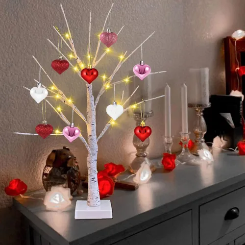 Vista 6 de Árbol de San Valentín, centro de mesa para el día de San Valentín, decoraciones iluminadas de San Valentín para oficina, hogar, mantel de San