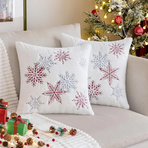 Vista 11 de MIULEE - Juego de 2 fundas de almohada decorativas de Navidad, de pelo sintético suave con bordado de copos de nieve, almohadas lindas de invierno