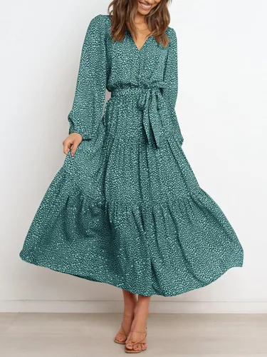 Vista 2 de PRETTYGARDEN - Vestido largo para mujer, de manga larga, cuello en V, estampado de leopardo, volantes, lazo en la cintura, estilo bohemio, de gasa