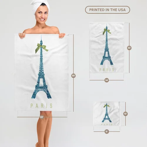 Vista 6 de Torre Eiffel azul rosa 3D con lazo de cinta verde femenina, bonito y elegante recuerdo de Francia, toalla de viaje glamorosa para manos/deportes, 15