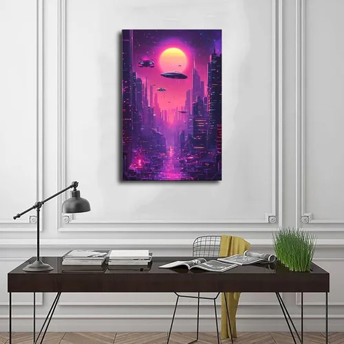 Vista 3 de XAHOR Impresión de ciudad de neón estilo años 80 – Arte de pared retro futurismo para oficina, estudio, dormitorio, lienzo decorativo para pared