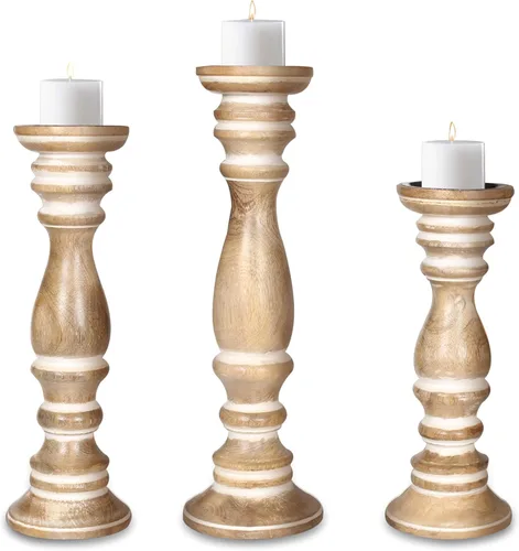 Vista 15 de Juego de 3 candelabros de pilar de madera de granja - Portavelas altos rústicos hechos a mano para decoración del hogar, centros de mesa, bodas