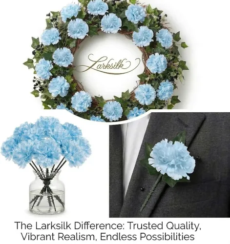 Vista 6 de Larksilk Real Touch - Púas de clavel de seda azul – 100 unidades a granel, cabezas de flores artificiales de 3.5 pulgadas con tallos de 5 pulgadas