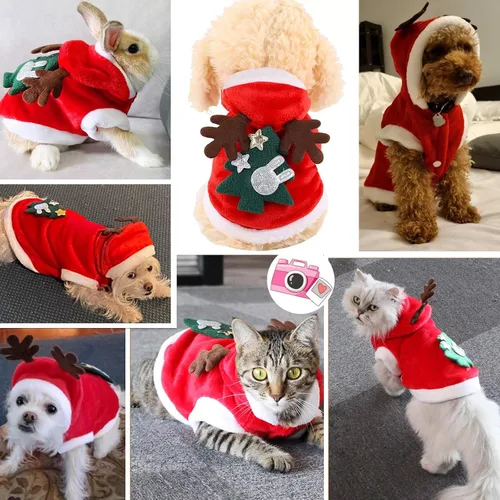 Vista 8 de Disfraces de Navidad para perros, abrigo de suéter para mascotas para clima frío, disfraz de reno de Papá Noel, sudadera con capucha de invierno