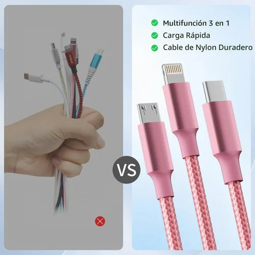 Vista 3 de Travel Essentials - Cable de carga múltiple 3 en 1, cable de carga universal para teléfono Micro USB Cable with Type-C,Micro USB,IP Port,Travel