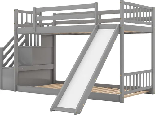 Vista 4 de SOFTSEA Twin Over Twin Low Bunk Bed with Slide and Stairs, Kids Floor Bunk Beds with Storage, Gray Grey