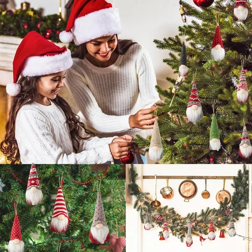 Vista 6 de Vinsot 24 piezas Adornos de árbol de Navidad colgantes de gnomo Adornos navideños colgantes a granel Adornos suecos de felpa hechos a mano Elfo