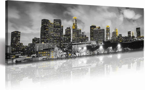 Vista 15 de JiazuGo Phoenix Skyline Arte de Pared en Lienzo - Paisaje Urbano de Arizona Enmarcado (14x48 Pulgadas) Negro y Blanco con Amarillo, Decoración