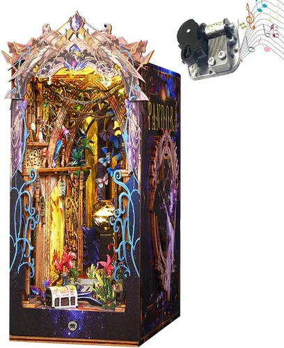 Vista 9 de Rompecabezas de madera 3D con caja de música de luz sensor, kit de montaje de rincón de libros en miniatura para casa de muñecas, sujetalibros, kit