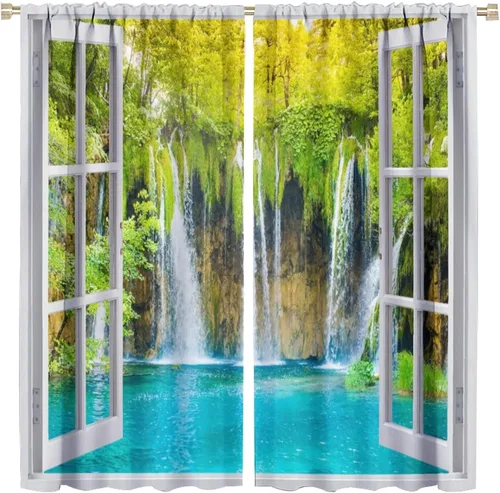 Vista 54 de Cortinas de paisaje, ventana tropical con vista al mar, océano, playa, barco, cortinas con estampado de palmeras para dormitorio, sala de estar, Mar
