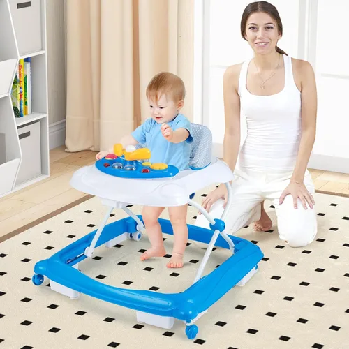 Vista 9 de BABY JOY Andador de bebé, caminador de actividad plegable 4 en 1 con altura ajustable, música, luces, caminador de empuje antivuelco para niños