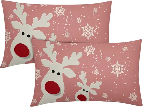 Vista 15 de Juego de 2 fundas de almohada lumbar de Navidad negras de 12 x 20 pulgadas, diseño rústico de copos de nieve de ciervos de Navidad, almohadas