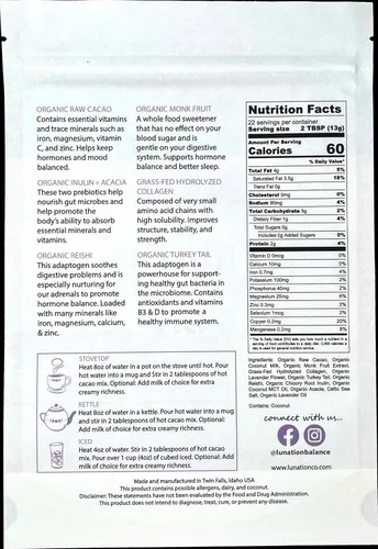 Vista 2 de Lunation Hormona Chocolate caliente Cacao orgánico en polvo y adaptógenos de apoyo Ingredientes de sincronización de ciclo femenino Setas