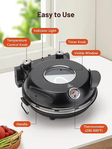Vista 4 de KEENSTAR Horno eléctrico para pizza interior con piedra de cerámica esmaltada, máquina de pizza portátil de 12 pulgadas con temporizador ajustable