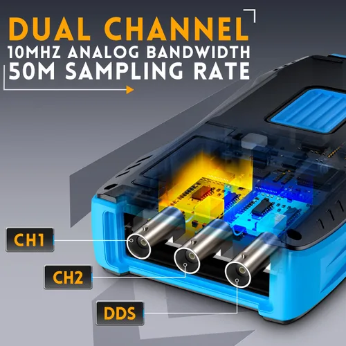 Vista 3 de FNIRSI 2C23T Osciloscopio portátil multifunción de 3 en 1, generador DDS, 2 canales, ancho de banda de 10 MHz, frecuencia de muestreo de 50 MSa/s