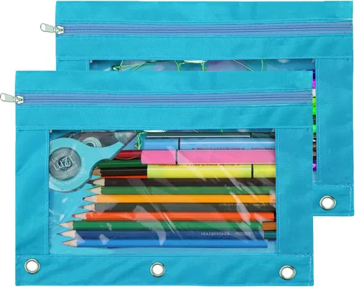 Vista 9 de Estuche para lápices con 3 anillas, con cremallera, estuche para cosméticos, color negro, paquete de 2