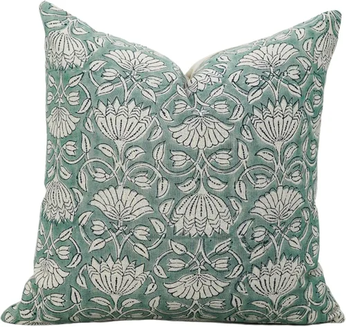 Vista 7 de Funda de cojín elegante de lino blanco roto con estampado de bloque a mano, 14 x 14 pulgadas, con cremallera invisible para sofá, cama, sala de Negro