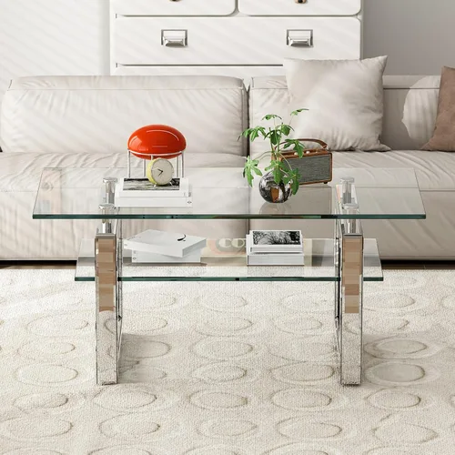 Vista 3 de IKIFLY Mesa de centro de cristal con tablas de vidrio de 2 niveles y patas de metal resistentes, mesa auxiliar rectangular de vidrio transparente